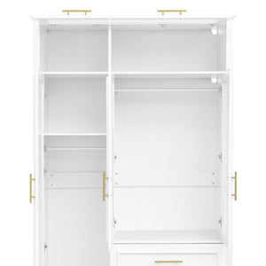 English Elm 3 Door Wardrobe Armoire Closet with LED Lighting, 4-Door Style, 3 Drawers, White Gold Accents, Spacious Storage N7090001843K