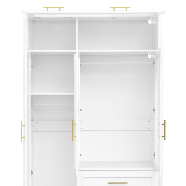 English Elm 3 Door Wardrobe Armoire Closet with LED Lighting, 4-Door Style, 3 Drawers, White Gold Accents, Spacious Storage N7090001843K