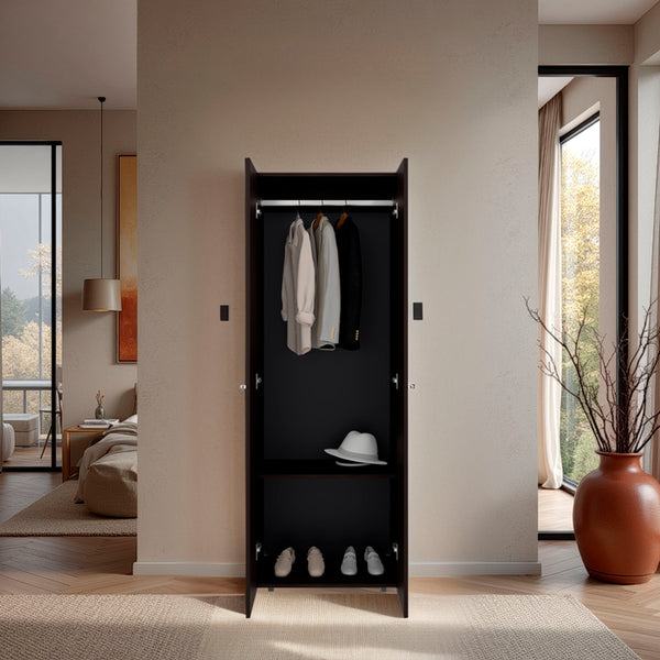 English Elm Home 2 Doors Closet System Armoire with Hanging Rod & Shelf, Stained Walnut Compact Bedroom Organizer B200P350350