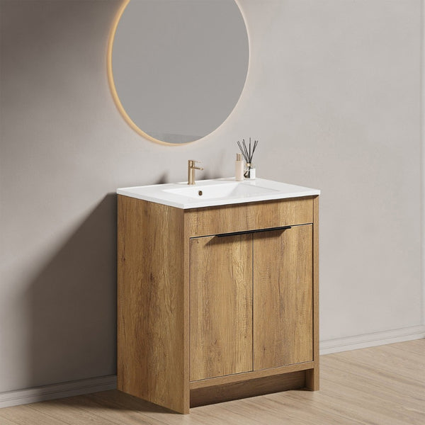 English Elm 30 Inch Floating Bathroom Vanity Fluted Wood Grain Front with Ceramic Integrated Sink W3520S00046