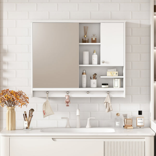 English Elm 36 Inch Wall Mounted Medicine Cabinet with HD Mirror, Adjustable Shelves, Towel Hooks, Modern Style White N710P254924K