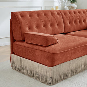 English Elm 135" Modular Chesterfield Sectional Sofa Velvet Tufted Tassel Skirt Lounge Seating Red+Brown W714S01725