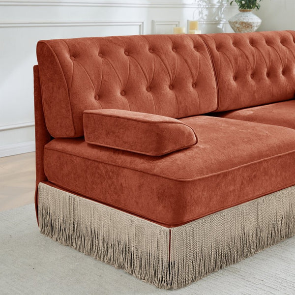 English Elm 135" Modular Chesterfield Sectional Sofa Velvet Tufted Tassel Skirt Lounge Seating Red+Brown W714S01725