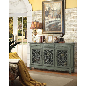 English Elm Naomi Distressed Green Cottage Buffet with Scrollwork Doors and Bronze Hardware B062P447800