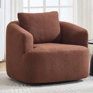 English Elm 360° Swivel Barrel Chair Teddy Fleece Upholstery with Pillow for Bedroom Reading Nook Brown W1803P362981