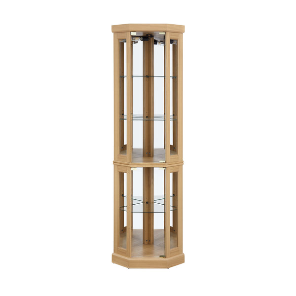 English Elm Lighted Curio Cabinet - Elegant Corner Display Case For Antiques, Glassware & Wine Storage, Oak Finish W1758P300104