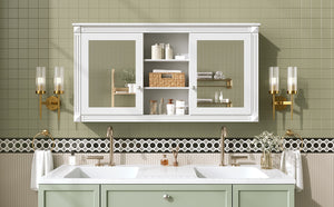 English Elm 55 Inch Wall Mount Medicine Cabinet Dual Mirrored Doors Soft Close Bathroom Vanity Storage White N710P401342K