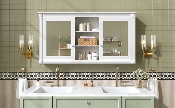 English Elm 55 Inch Wall Mount Medicine Cabinet Dual Mirrored Doors Soft Close Bathroom Vanity Storage White N710P401342K