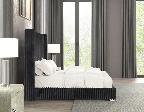 English Elm Bedroom Elegant Contemporary Queen Bed with Fur Chenille Upholstery, Engineered Wood Frame, Mattress-Ready Black 64.5 L x 73.5 W x 6.5 H B2741P320883