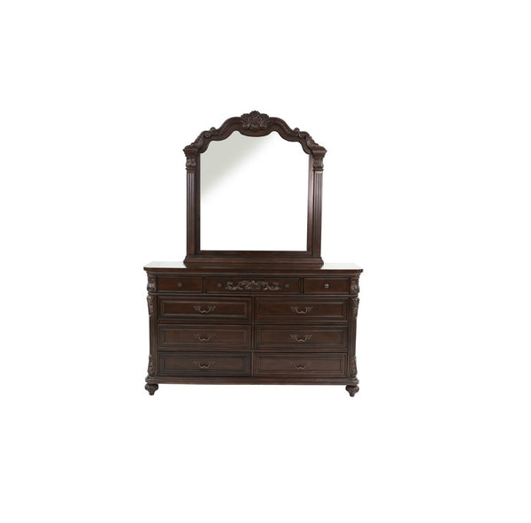 English Elm Traditional Antique Cherry/Walnut Dresser with Mirror, 9 Drawers, Carved Floral Accents, Metal Hardware and Bun Feet B011S01151