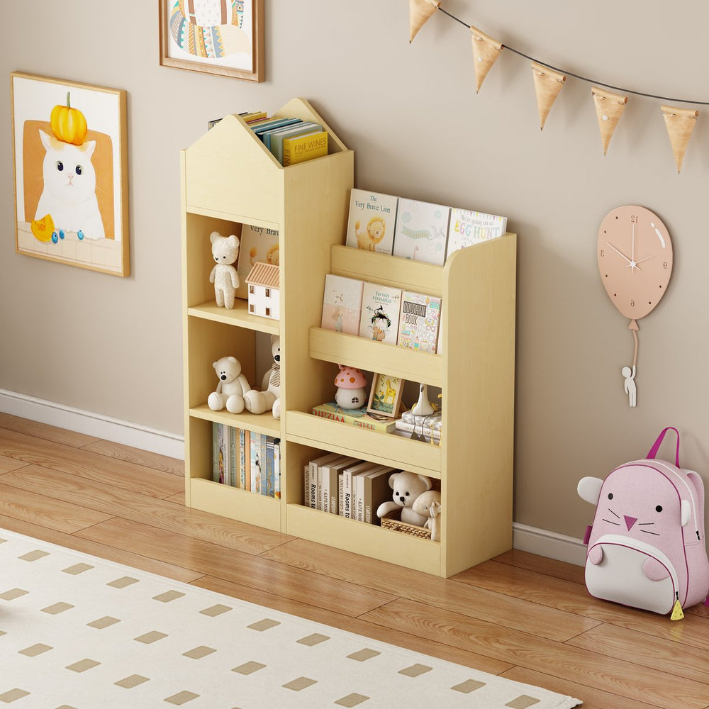 English Elm Wood Kids Wooden Bookshelf Toy Organizer with 6 Compartments, 2 Bins, Durable MDF, Kid-Safe Storage W2876P233553