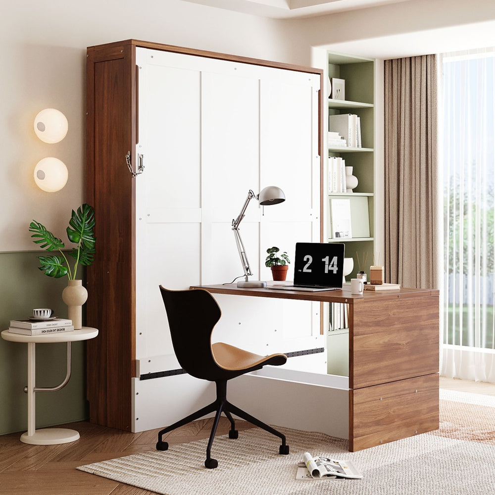English Elm Full Size Murphy Bed with Integrated Folding Desk Walnut Cabinet for Small Spaces White LP000995AAK