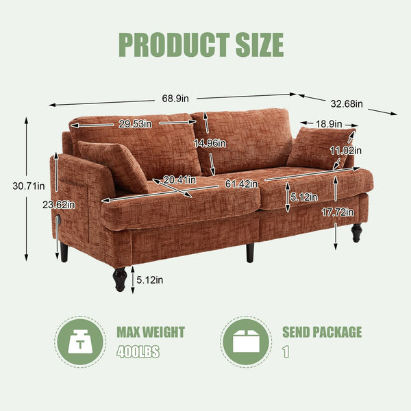 English Elm Modern chenille 2-seater sofa with LED, USB charging, storage pocket, solid wood legs, durable comfort Orange W395P318543