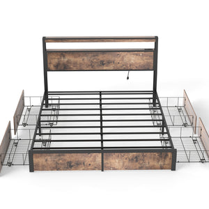 English Elm Queen Metal Platform Bed with Rgb Led Headboard Charging Station and Underbed Storage T3963P482749