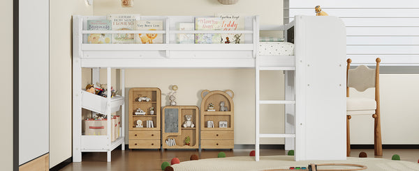 English Elm Twin Low Loft Bed Solid Pine Frame Kids Study Desk Blackboard Storage White W1580S00297