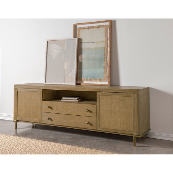 English Elm Benson Wide Rattan Door Media Console with Aged Brass Legs for Modern Living Rooms Sand B062P440119