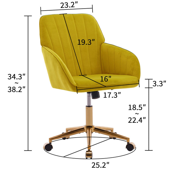 English Elm TY Velvet Office Chair Bright Yellow with Gold Base, 360° Swivel, Height Adjustable, Luxury Comfort W2311P237657