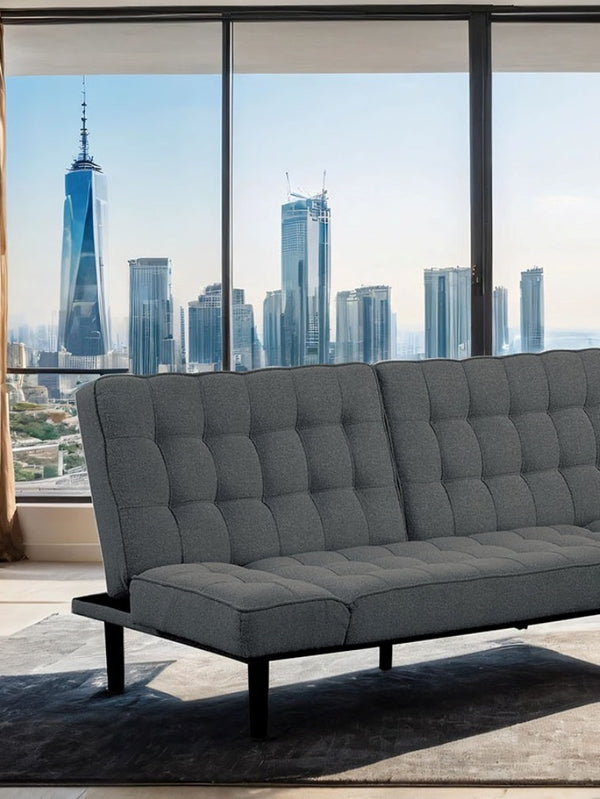 English Elm Dark Gray Futon Sofa With Biscuit Tufting – Stylish Convertible Couch With Adjustable Arm Rests! B2741P314790