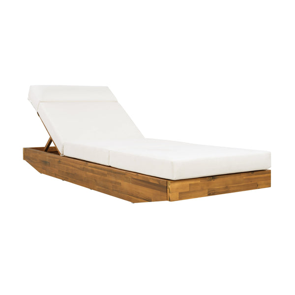 English Elm Boat-shape Acacia Wood Outdoor Chaise Lounge Slatted Teak Finish Poolside Recliner Cream,Teak N770P380117T_N770P285267C