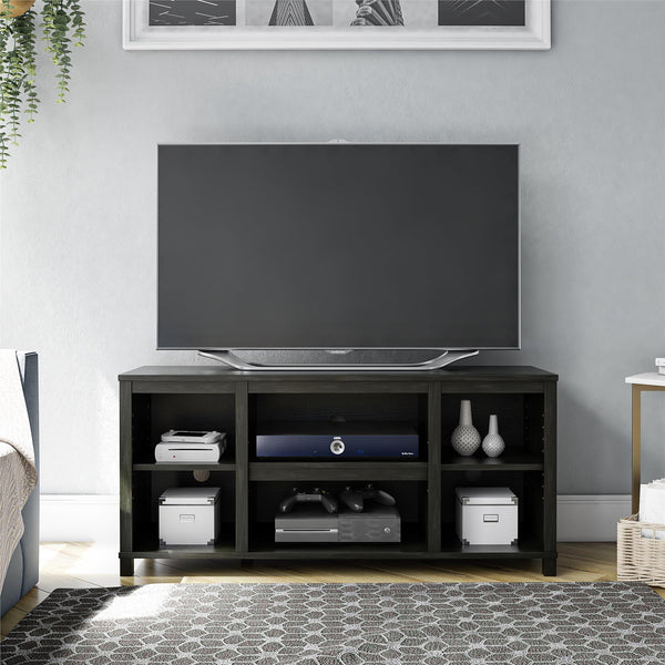 English Elm Parsons TV Stand for TVs up to 50" with ample open shelving, cord management, modern oak finish Black B2733P384489