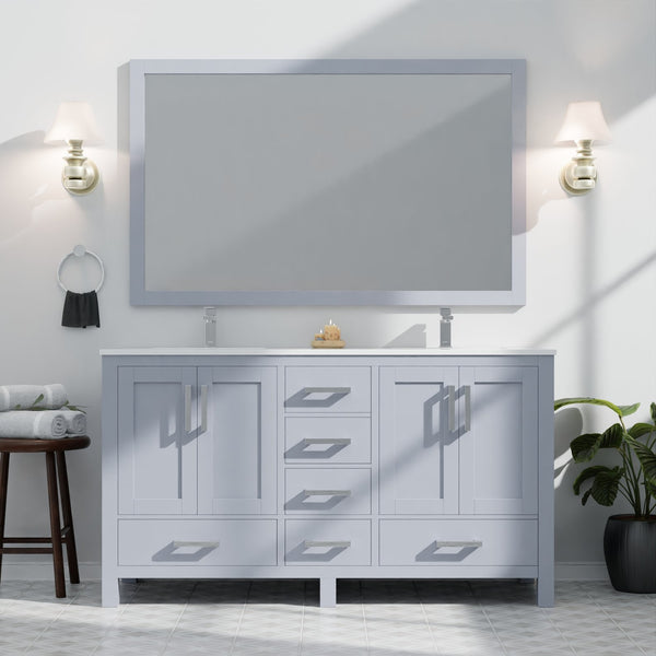 English Elm Dark Grey Double Bath Vanity 60" W x 22" D with Cultured Marble Top, Chrome Faucet & 58" Mirror, Durable B2731S01019