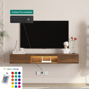 English Elm Floating TV Stand Wall Mounted 63" Modern Wood Floating TV Cabinet with 16-Color LEDs, Cable Management, Large Storage and Easy Install W1321P330270