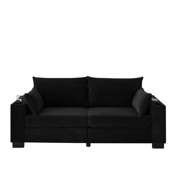English Elm 78"corduroy Plush Three Seat Sofa with Usb Ports Cup Holders Deep Cushions Apartment Black W3705P455916