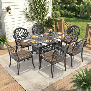 English Elm 7-piece Cast Aluminum Outdoor Dining Set Ornate Patterned Frames with Weather Resistant Cushions W1710S00570