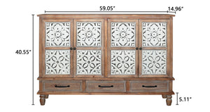 English Elm 59.06" Rustic Natural Wood Accent Cabinet with 4 Doors & 3 Drawers, Adjustable Shelves, Durable MDF W2295P290643