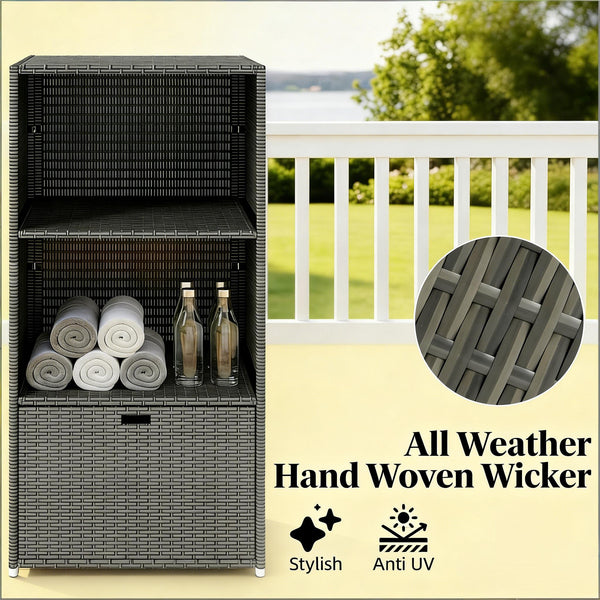 English Elm Outdoor Wicker Towel Rack Two Shelf Pe Rattan Poolside Storage for Patio or Bath Dark Gray T3971P486652