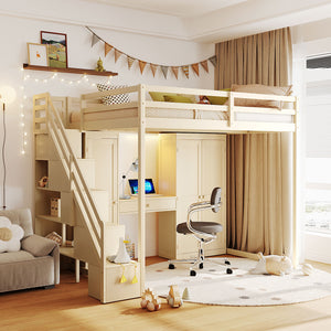 English Elm Full Size Loft Bed with Wardrobe Dressing Mirror Usb Ports and Teen Room Storage LT000276AAA