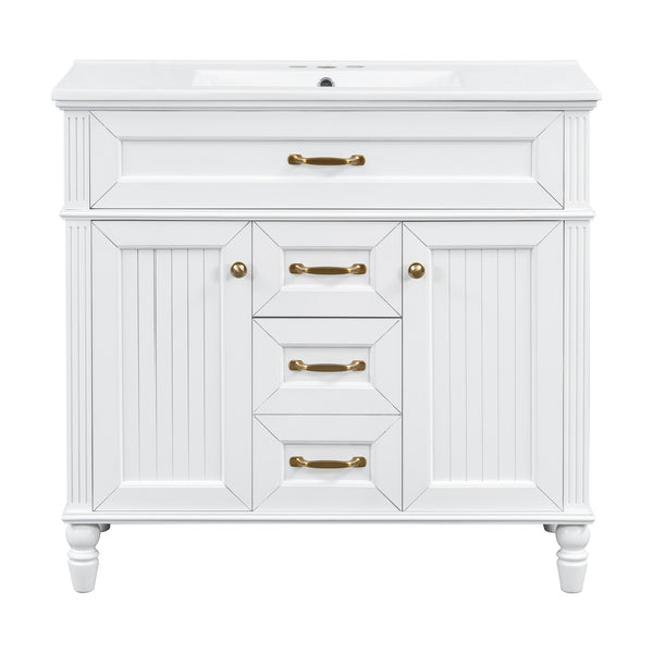 English Elm 36 Inch Bathroom Vanity with Ceramic Sink, Durable MDF & Solid Wood Frame, Soft-Close Doors, Luxe Handles, Ample Organized Storage, Modern Freestanding Design White N725P314034K