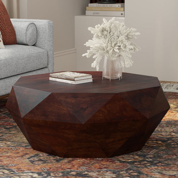 English Elm Zayn Solid Acacia Faceted Drum Coffee Table Sculptural Wood Grain Living Room Accent Walnut Brown B136P429090