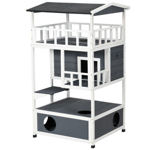 English Elm Pawhut Wooden Multi-Level Cat House - Cozy Outdoor Feral Shelter With Escape Doors & Roof, Grey W2225P217564-GIGA