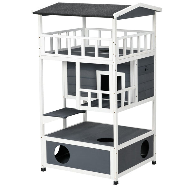 English Elm Pawhut Wooden Multi-Level Cat House - Cozy Outdoor Feral Shelter With Escape Doors & Roof, Grey W2225P217564-GIGA