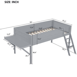 English Elm Wood Twin Gaming Loft Bed with Desk, LED Lighting & Storage Shelves—Sturdy Pine Build for Kids (98) N709P236479E