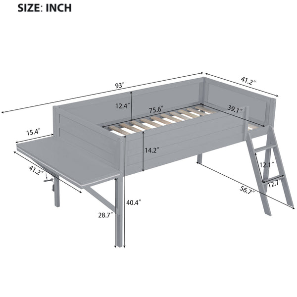 English Elm Wood Twin Gaming Loft Bed with Desk, LED Lighting & Storage Shelves—Sturdy Pine Build for Kids (98) N709P236479E