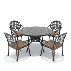 English Elm 5-piece Cast Aluminum Outdoor Dining Set with Carved Floral Patio Chairs and Table W1710S00556