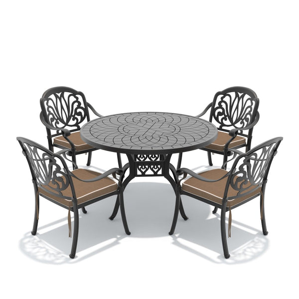 English Elm 5-piece Cast Aluminum Outdoor Dining Set with Carved Floral Patio Chairs and Table W1710S00556