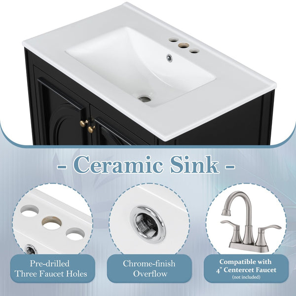 English Elm [video] 60 Inch Freestanding Double Sink Bathroom Vanity with Ceramic Basins Soft Close Storage Black N759S226000B