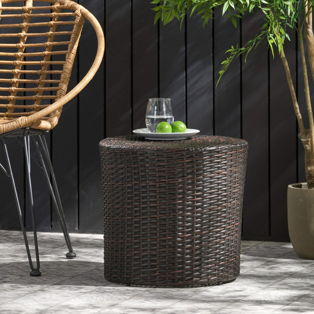 English Elm Outdoor Wicker Hourglass Side Table Sculptural Rattan Weave Patio Accent N773P362080B