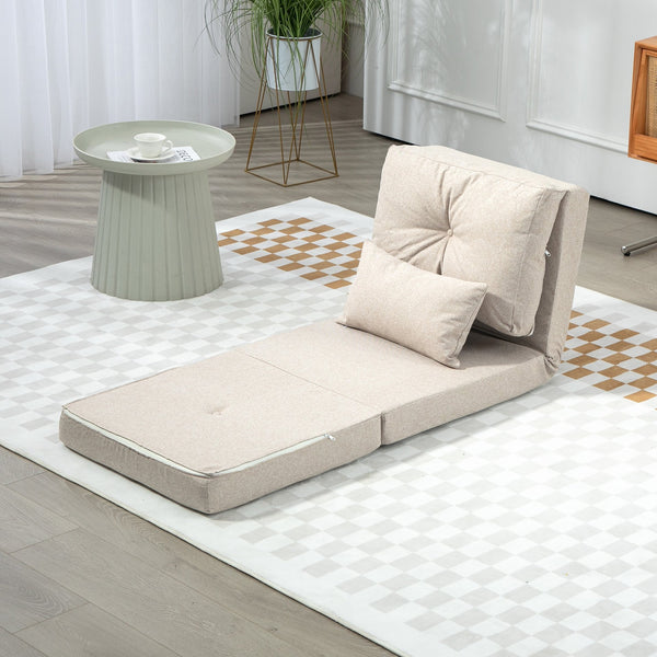 English Elm HOMCOM Convertible Flip Chair Floor Sofa Bed with Adjustable 5-Position Backrest, Pillows & Steel Frame Beige W2225P249722