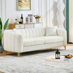 English Elm 85" Oversized Chenille Sofa Luxury 3-Seater Deep Tufted Couch with Gold Metal Legs and Pillows Beige W3373S00034