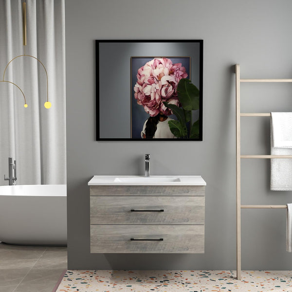 English Elm 32-Inch Modern Grey Wood Grain Wall-Mounted Bathroom Vanity With Soft-Close Drawers & Sink W3151S00006