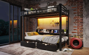 English Elm Twin Over Metal Bunk Bed with Led Lights Usb Ports Drawers and Sofa Conversion W5305S00002