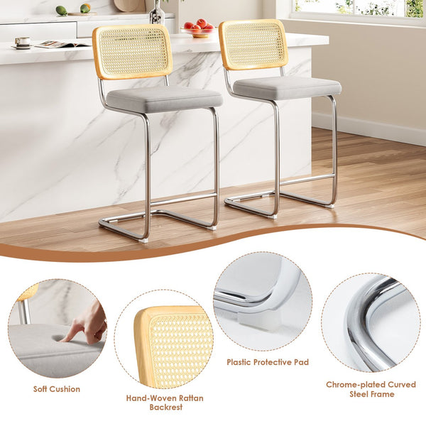 English Elm Counter Velvet Bar Stools Set of 2 with Rattan Back, Cantilever 26" Armless Counter Chairs, Light Grey, Anti-Slip Protector, Easy Assemble T3623P379870