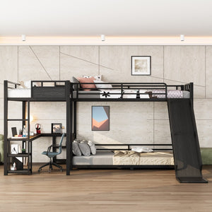 English Elm L-shaped Metal Triple Bunk Bed with Slide Desk Shelves Sleep Study Play Zone W1580S00280