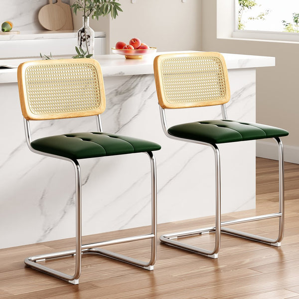 English Elm Farini Velvet Counter Height Bar Stools Set of 2 with Rattan Back, Cantilever Comfort & Floor Protectors Green T3623P354967