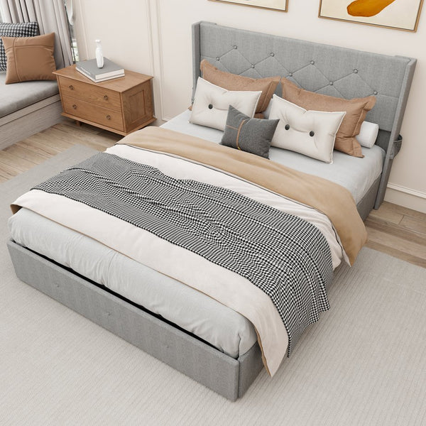 English Elm Full Size bed frame with gas lift storage, modern wingback channel headboard, USB ports included Light Gray W1960P176241