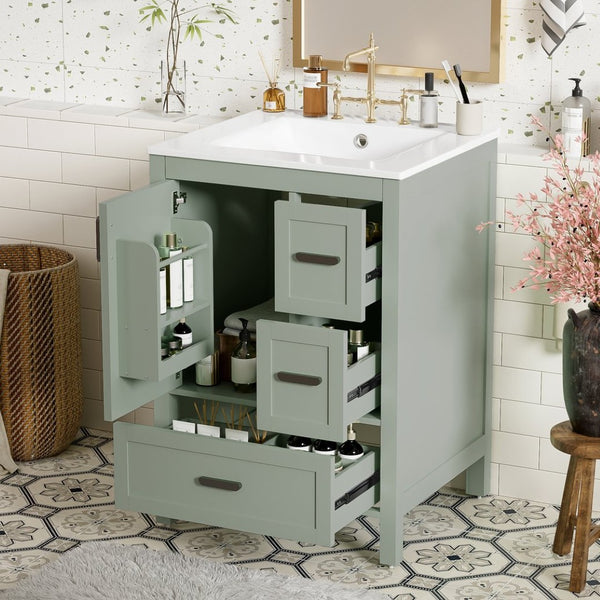 English Elm Modern 24 Inch Bathroom Vanity Solid Wood Cabinet with Ceramic Sink and Soft Close Storage Green N729P292859F